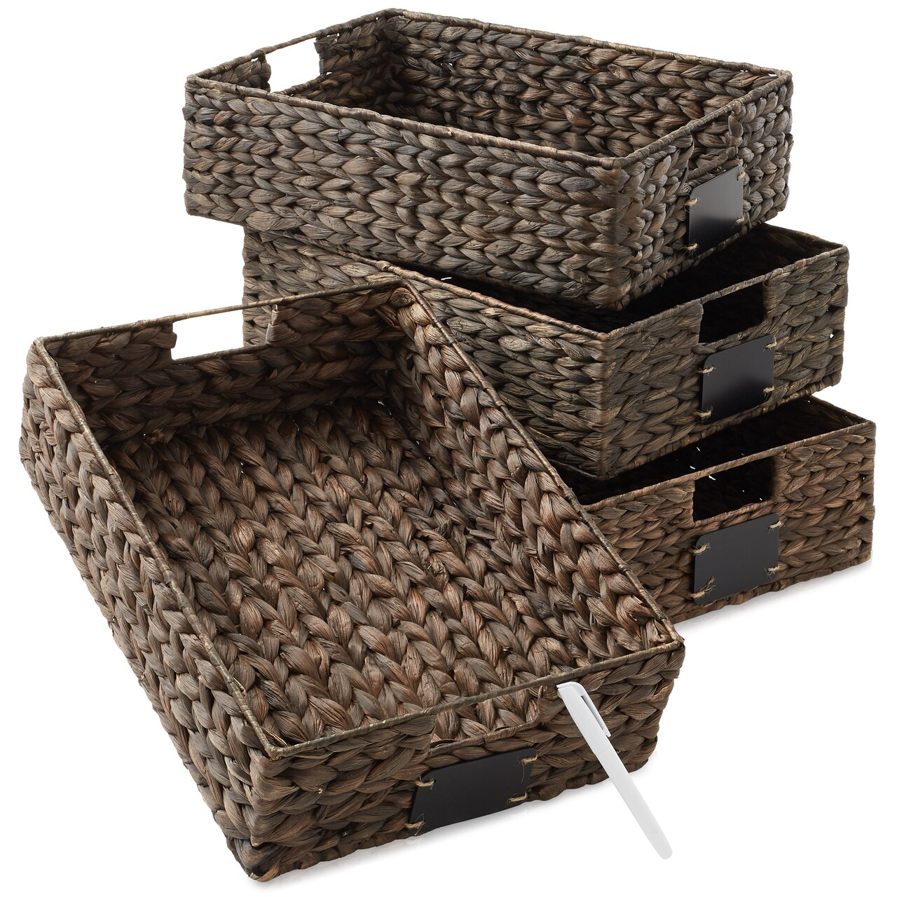 Casafield Water Hyacinth Pantry Baskets with Chalkboard Labels and Chalk Marker, Woven Storage Bin Organizers for Kitchen Shelves